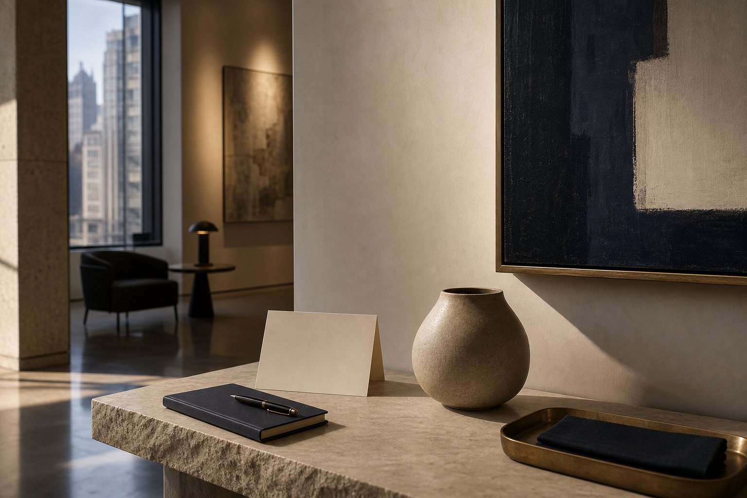 Quiet gallery reception corner prepared for a private advisory conversation