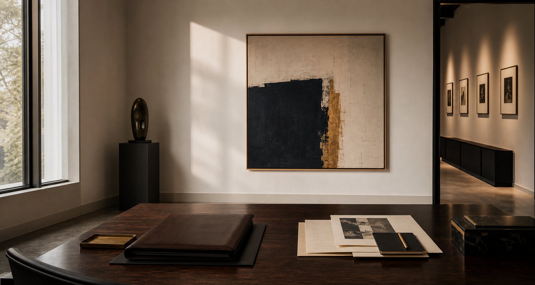 A contemporary gallery interior with large-scale works and natural light