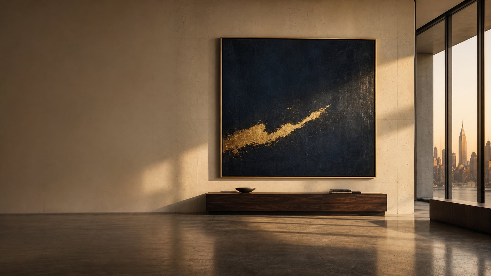 A monumental navy and gold-leaf abstract canvas in a sunlit limestone gallery, Manhattan skyline beyond
