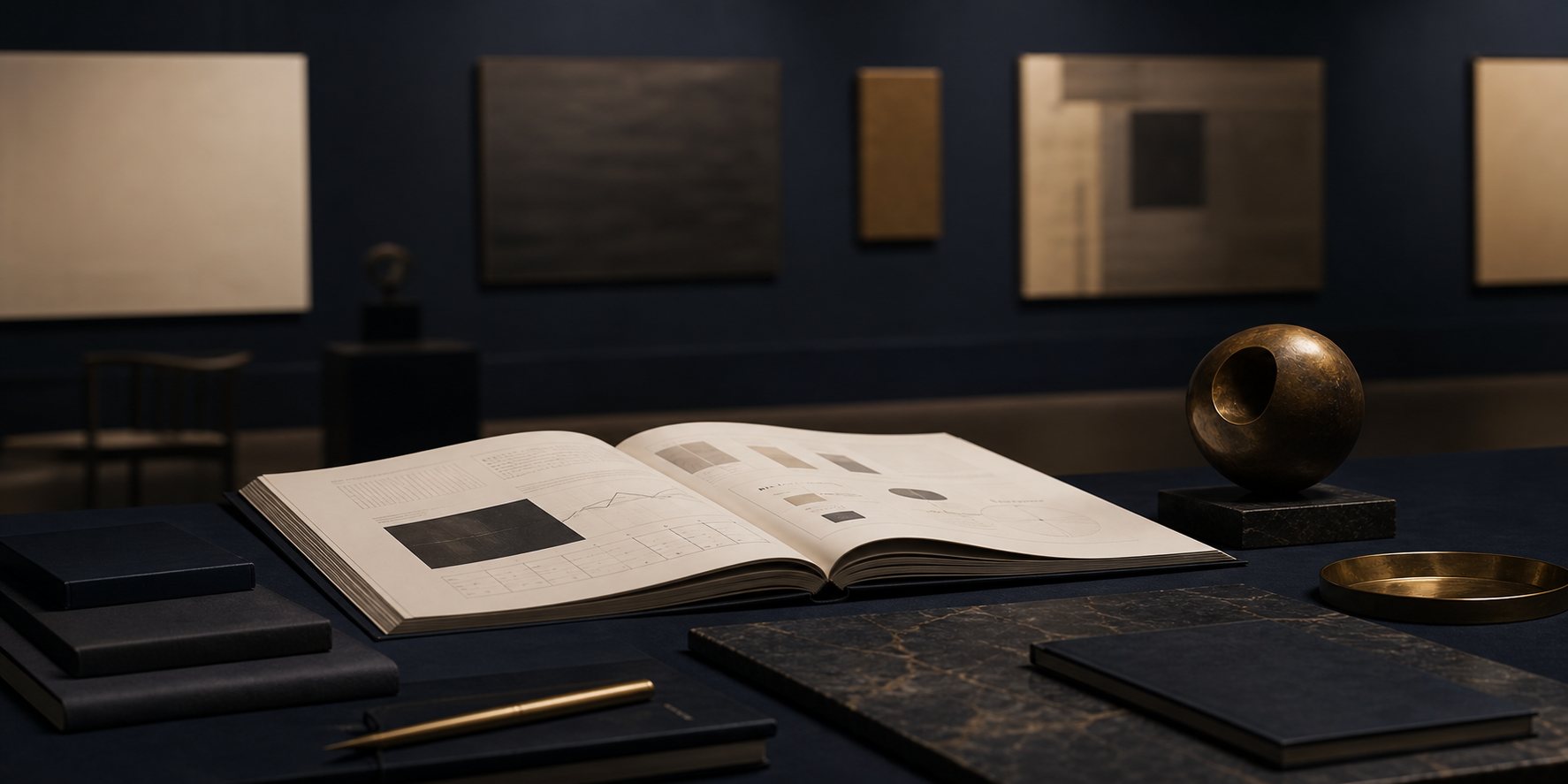 Art market intelligence still life with report, sculpture, and gallery backdrop