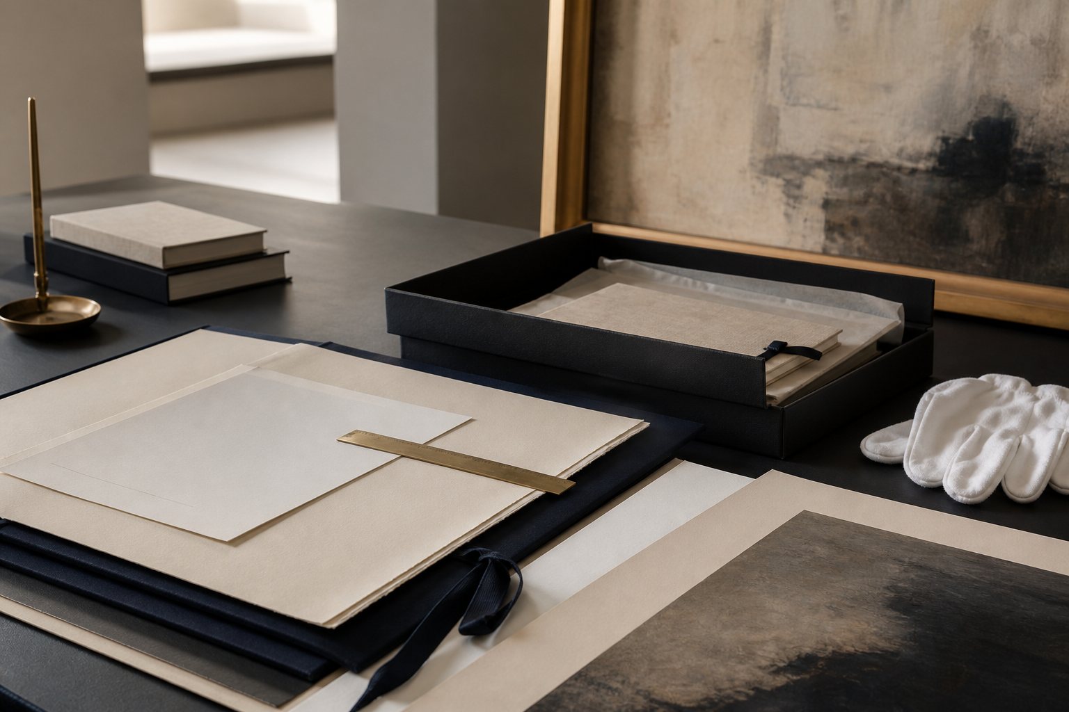 Archival art diligence materials on a gallery office table